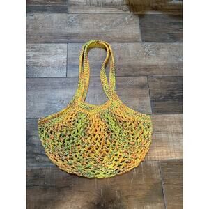 Handmade crochet mesh market bag yellow rainbow